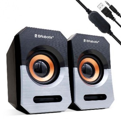 BOCINA ALAMBRICA, STEREO, USB + 3.5 MM, C/CONTROL DE VOLUMEN, ANTIDESLIZANTE, DE ESCRITORIO, P/PC/LAPTOP, NEGRO/PLATA, BROBOTIX