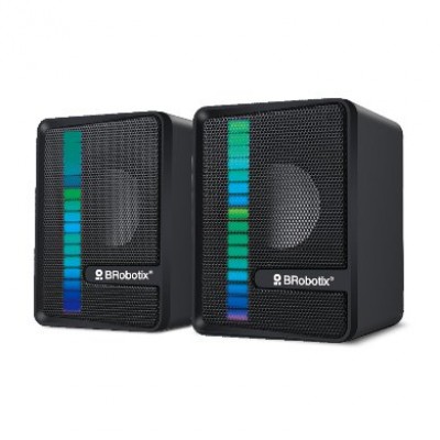 BOCINA ALAMBRICA, STEREO, USB + 3.5 MM, C/CONTROL DE VOLUMEN, ANTIDESLIZANTE, DE ESCRITORIO, P/PC/LAPTOP, NEGRO BROBOTIX